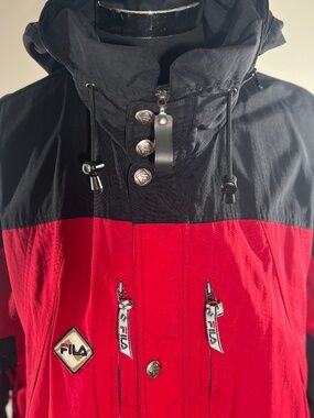 FILA Hood Jacket | Vintage Full Zip Snap Buttons Pockets Logo Red Black | XL